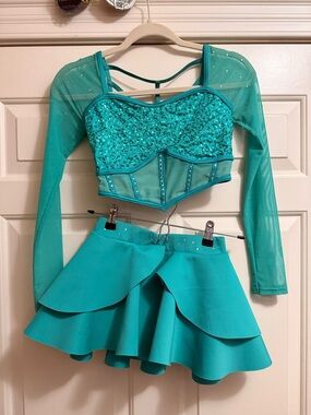 Weissman Teal Dancewear Set - Sequined Crop Top & Ruffle Skirt